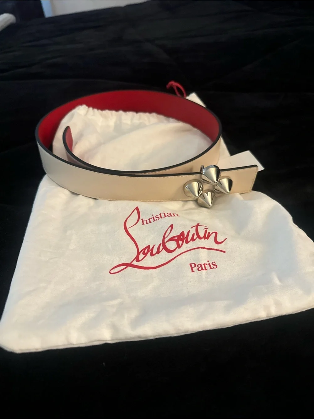 Christian Louboutin Beige Leather Belt with Red Interior and Silver Spike Buckle